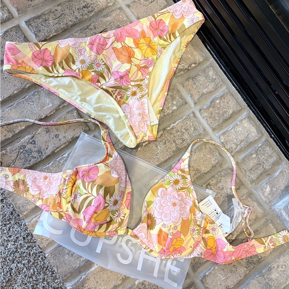 Cupshe Floral Bikini Set - Pink, Yellow, and Green